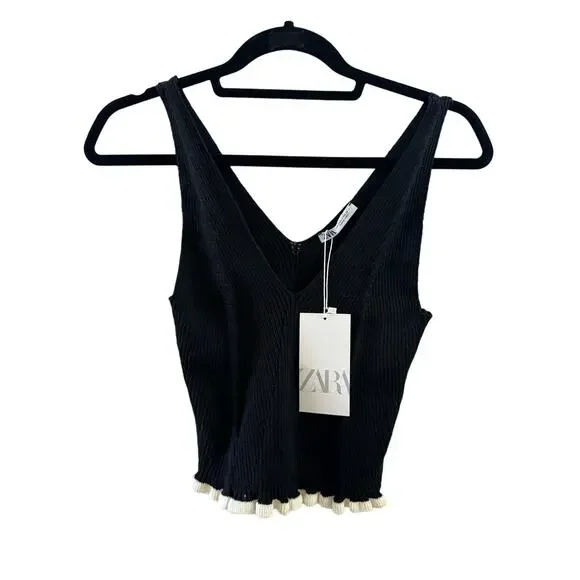 Zara Knit Crop Top Black with Scalloped Bottom Womens Size Small NWT - Picture 1 of 5